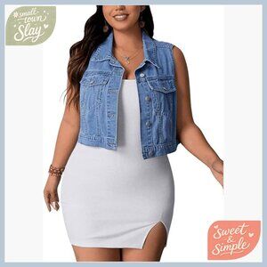 Plus Size Denim Vest Sleeveless Crop Jacket Button Down Flap Pocket